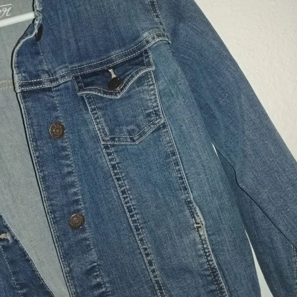 Old Navy Women's Size XS Rock Star Denim Jacket Medium Wash Blue Jean Button Up - Picture 7 of 8